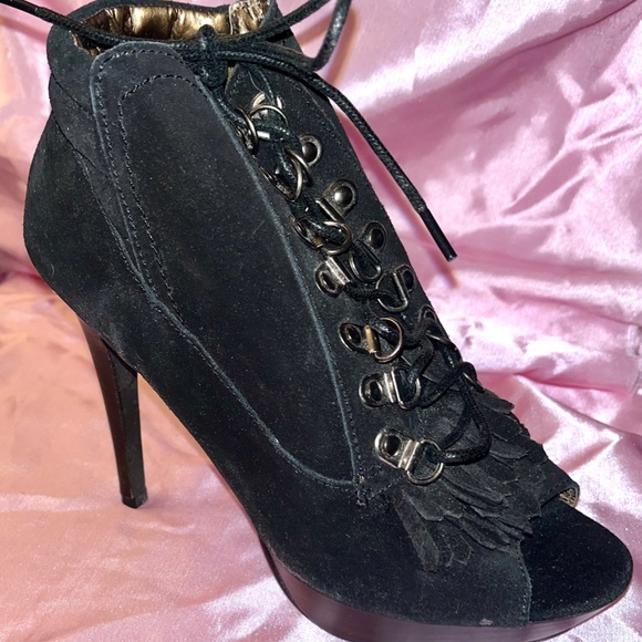NWOT. N.Y.L.A. Open Toe Lace Up Black Heels Ankle Boots 6 - Picture 1 of 7